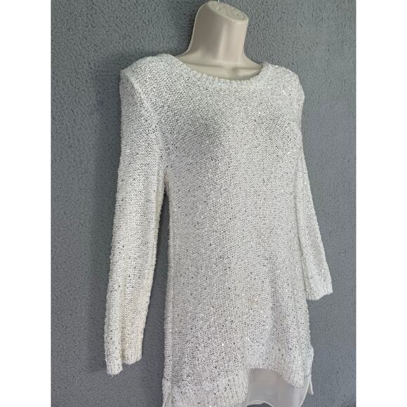 LOFT White Sequin Knit‎ Sweater Tunic Sheer Hem Women's Small - Picture 7 of 10